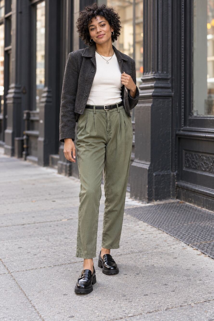 AG Adriano Goldschmied Evan Olive Green Pleated Tapered Chino Pants 25R